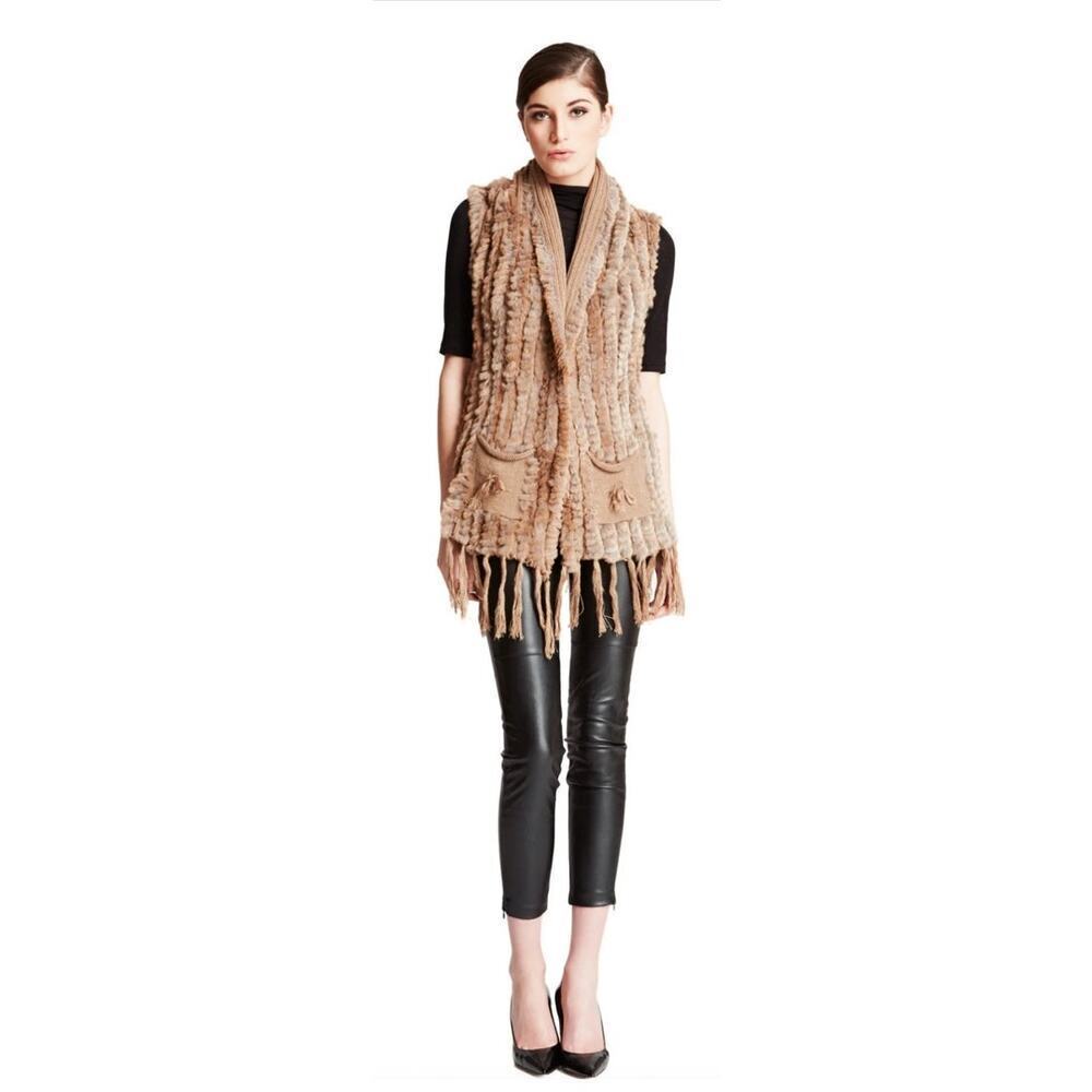 Belle Fare Lenzen Knitted Rabbit Fur&Wool Open Front Vest with Fringe ,OS